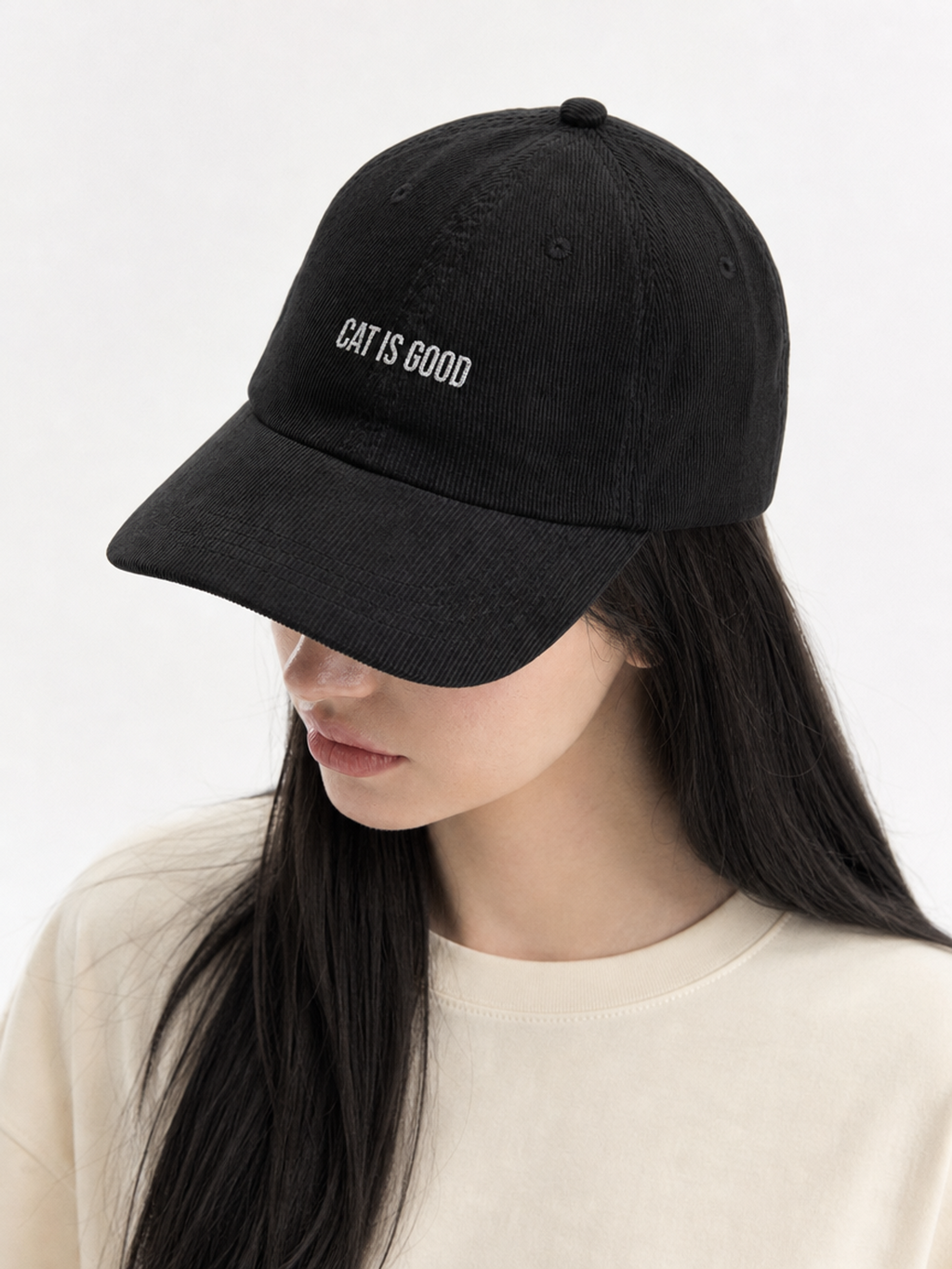 Cat Is Good Embroidered Corduroy Cap