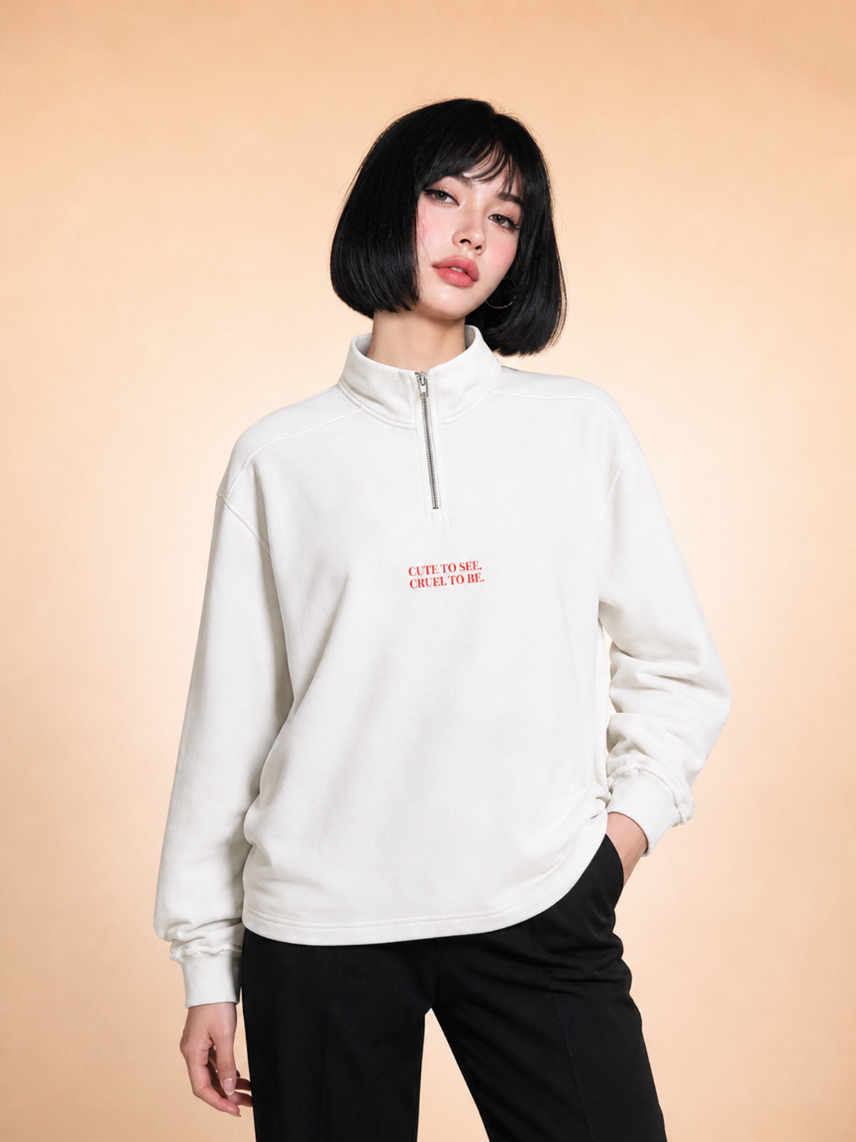 Cute To See Unisex Half-Zip Rolled Edge Fleece Sweatshirt ( Orange Eyes )