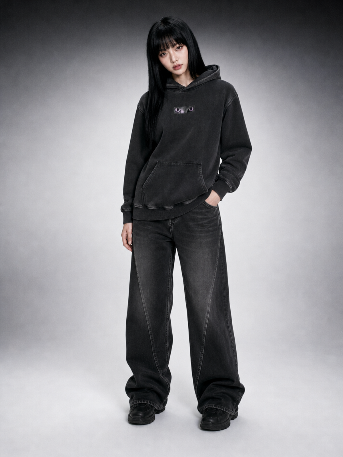 Cute To See Unisex Snow Wash Fleece Oversize Hoodie ( Purple Eyes )